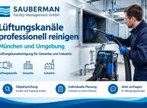 SAUBERMAN-Werbebanner zur Lüftungskanalreinigung in München: Fachkraft reinigt einen geöffneten Lüftungskanal.