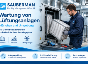 SAUBERMAN-Werbebanner zur Lüftungswartung: Techniker prüft einen Filter an einer geöffneten Lüftungsanlage.