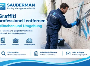 Graffitientfernung München – SAUBERMAN-Fachkraft entfernt Graffiti mit einem Hochdruckreiniger von einer hellen Hauswand.
